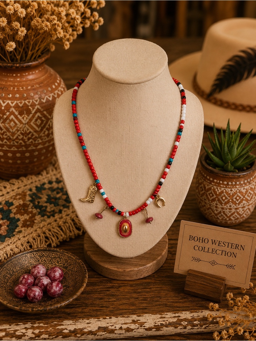Western Boho Red Beaded Charm Necklace Cowboy Boot & Horseshoe 17” Gold Chain